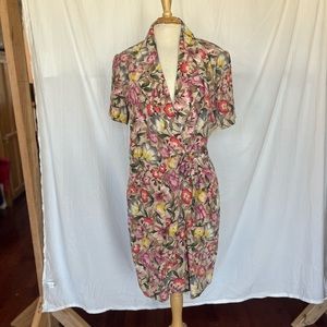 Adrianna Papell  size 12 Vintage Wrap Silk Short Sleeve Midi Dress Floral.